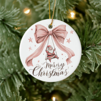 Merry Christmas Santa & Pink Bow Ornament