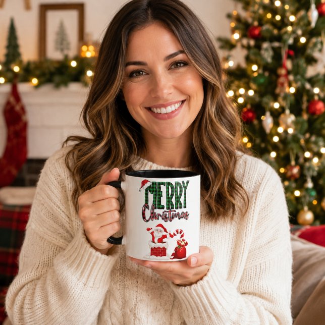 Merry Christmas Santa Plaid Black Accent Mug (Creator Uploaded)