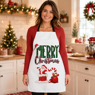 Merry Christmas Santa Plaid Holiday Apron
