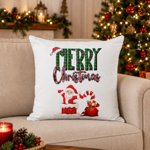 Merry Christmas Santa Plaid Holiday Cushion