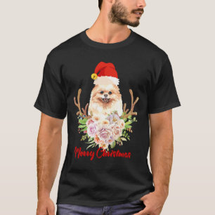 Merry Christmas Santa Pomeranian Watercolor Flower T-Shirt