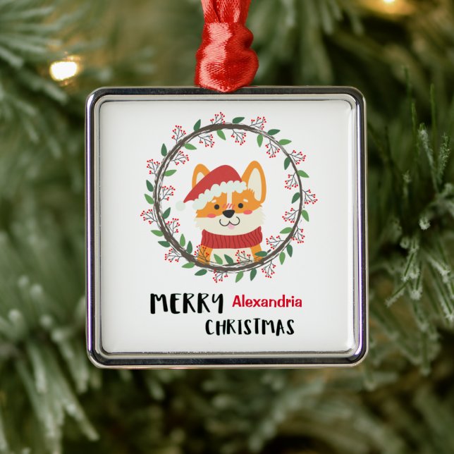  Merry Christmas Santa Puppy Personalise  Metal Tree Decoration (Tree)