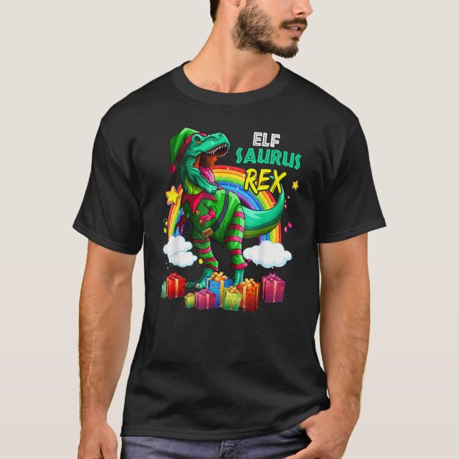 Merry Christmas Santa Rainbow Elf Saurus Rex T-Shirt (Front)