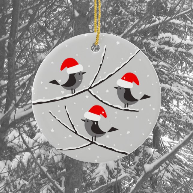 Merry Christmas Santa Red Hat Birds Ceramic Tree Decoration (Creator Uploaded)
