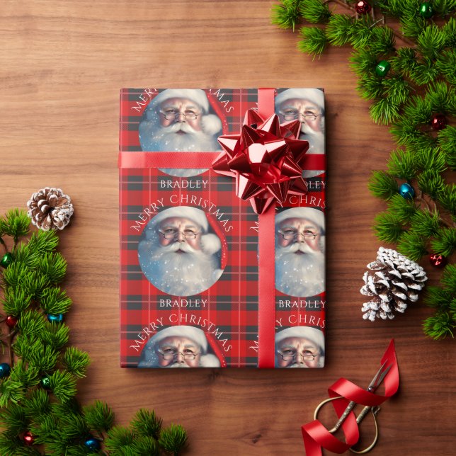 Merry Christmas Santa Red Plaid Personalised Name Wrapping Paper (Holiday Gift)