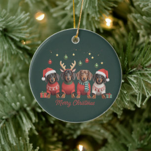 Merry Christmas Santa Reindeer Dachshund Weiner Ceramic Tree Decoration