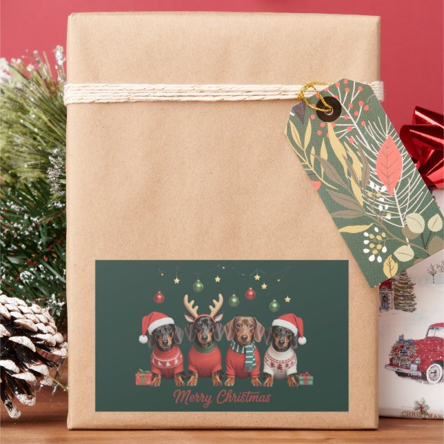 Merry Christmas Santa Reindeer Dachshund Weiner  Rectangular Sticker (Holiday)