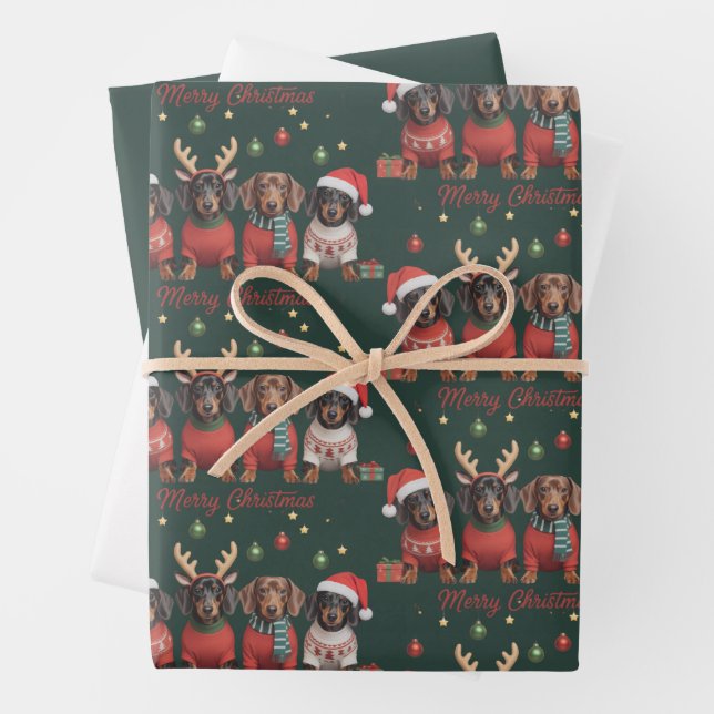 Merry Christmas Santa Reindeer Dachshund Weiner  Wrapping Paper Sheet (In situ)