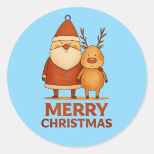 Merry Christmas – Santa & Reindeer Duo Classic Round Sticker