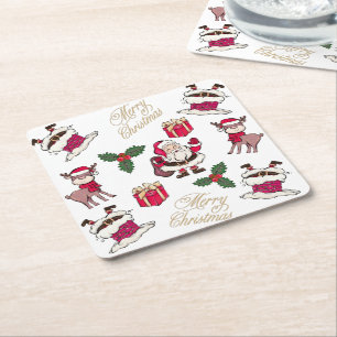 Merry Christmas Santa Reindeer Gifts Holly Square Paper Coaster