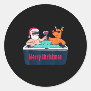 Merry Christmas Santa Reindeer Hot Tub Spa Wine  Classic Round Sticker