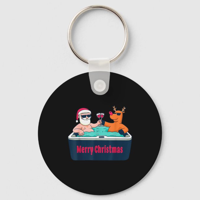 Merry Christmas Santa Reindeer Hot Tub Spa Wine  Key Ring (Front)