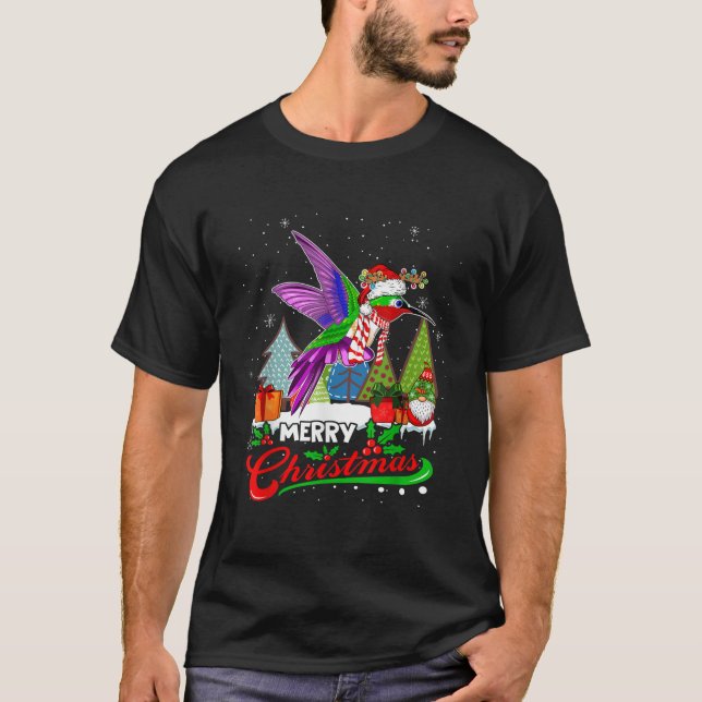 Merry Christmas Santa Reindeer Hummingbird With Gn T-Shirt (Front)