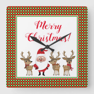 Merry Christmas Santa Reindeer Red Green Plaid  Square Wall Clock