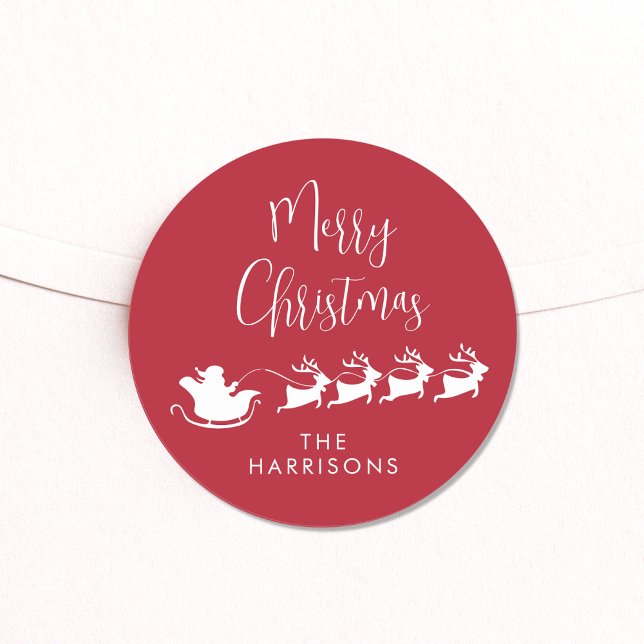 Merry Christmas Santa Reindeer Sleigh Red Classic Round Sticker (Creator Uploaded)