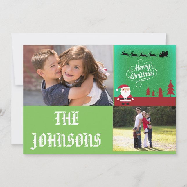 Merry Christmas Santa Reindeers Red Snowman Trees Holiday Card (Front)