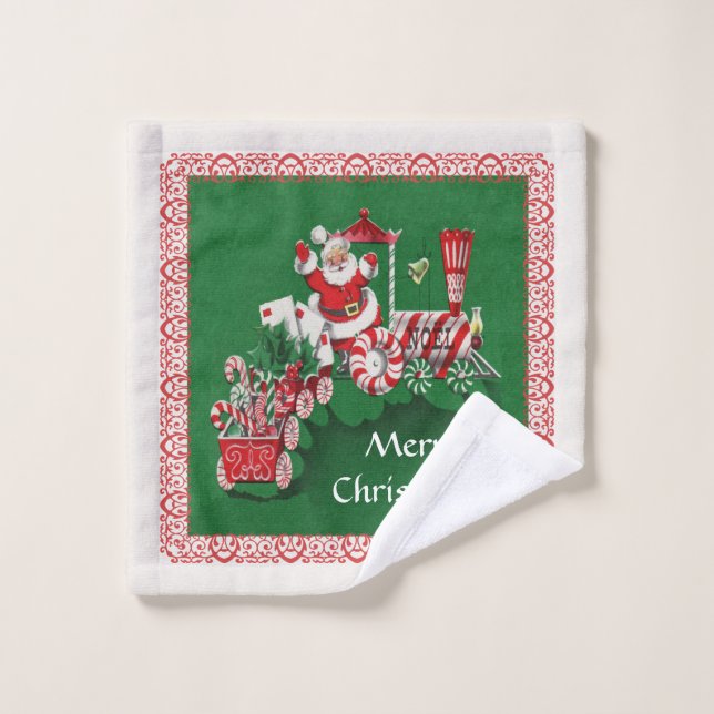Merry Christmas Santa Riding Candy Train Green Red Wash Cloth (Wash Cloth)