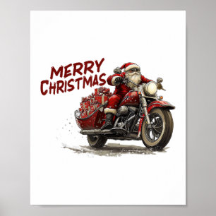 Merry Christmas Santa Riding on a vintage motorcyc Poster