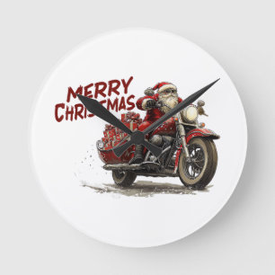 Merry Christmas Santa Riding on a vintage motorcyc Round Clock