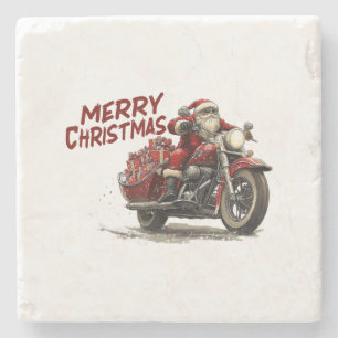 Merry Christmas Santa Riding on a vintage motorcyc Stone Coaster