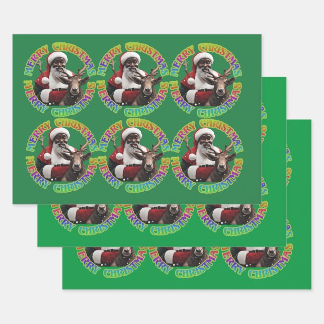Merry Christmas Santa Riding Reindeer Red Green Wrapping Paper Sheet (Set)