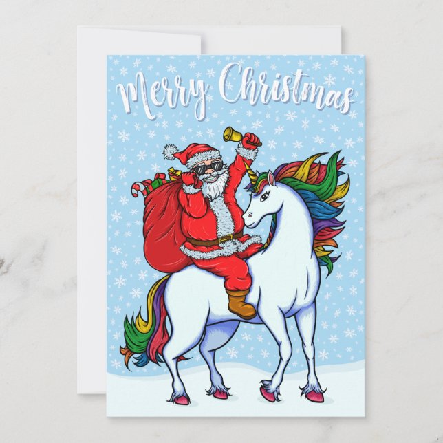 Merry Christmas Santa Riding Unicorn Holiday Card (Front)