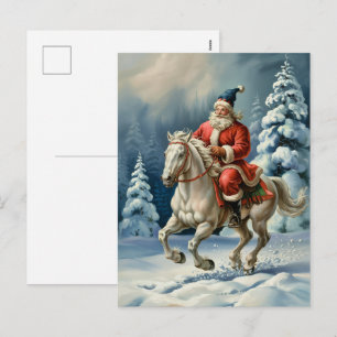 Merry Christmas Santa Riding White Horse Snowing   Holiday Postcard