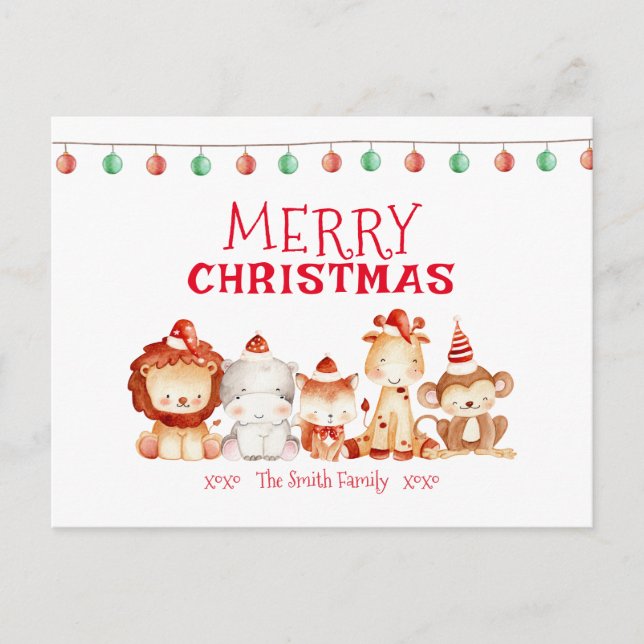 Merry Christmas, Santa Safari Animals Holiday Postcard (Front)