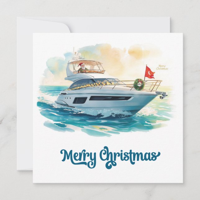 Merry Christmas Santa Sailing on a Yacht Holiday Card (Front)
