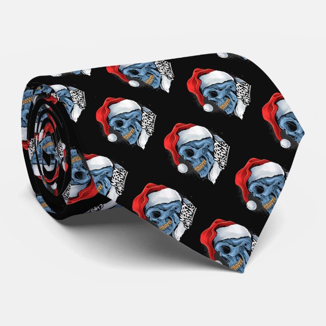 Merry Christmas Santa Skulls Tie (Rolled)