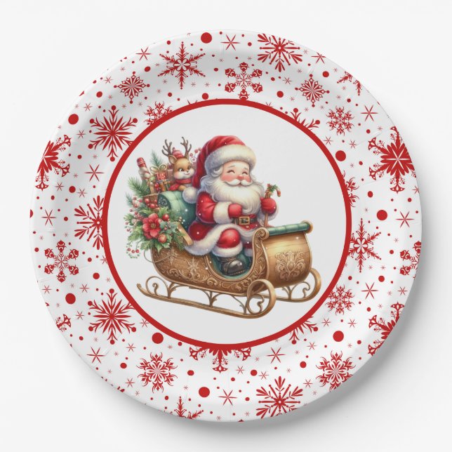 Merry Christmas Santa Sled  Paper Plate (Front)