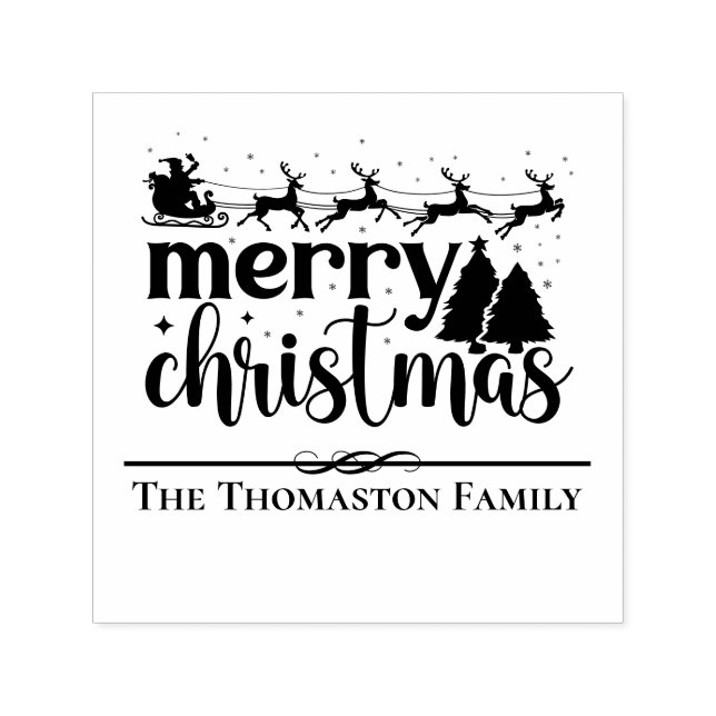Merry Christmas Santa Sleigh Fir Trees Family Name Self-inking Stamp (Design)