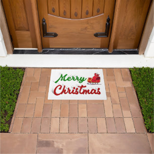 Merry Christmas Santa Sleigh red green script Doormat
