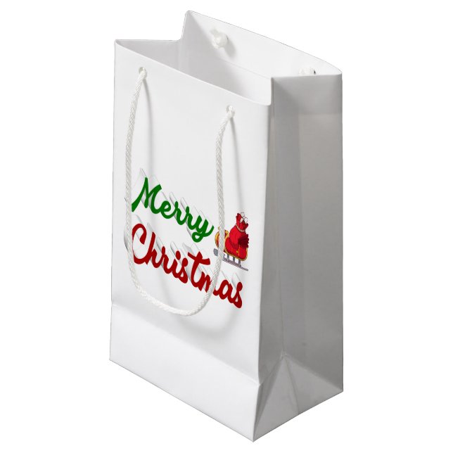 Merry Christmas Santa Sleigh red green script Small Gift Bag (Front Angled)