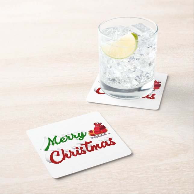 Merry Christmas Santa Sleigh red green script  Square Paper Coaster (Insitu)
