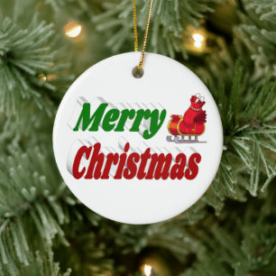Merry Christmas Santa Sleigh red green typography Ceramic Tree Decoration