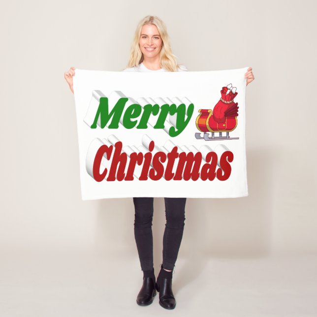 Merry Christmas Santa Sleigh red green typography Fleece Blanket (In Situ)