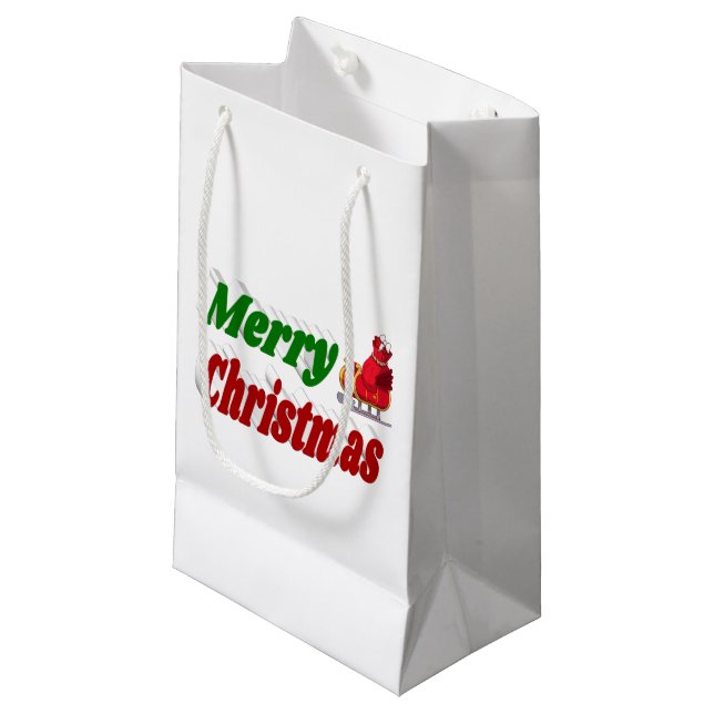 Merry Christmas Santa Sleigh red green typography Small Gift Bag (Front Angled)