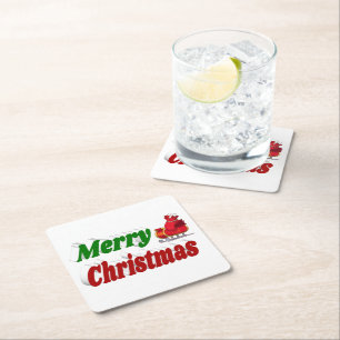 Merry Christmas Santa Sleigh red green typography Square Paper Coaster