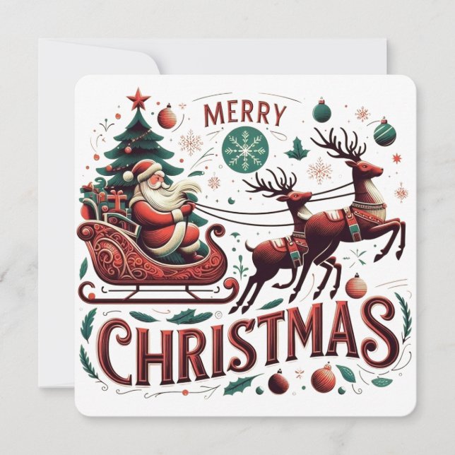 Merry Christmas Santa Sleigh & Reindeer Festive Invitation (Front)