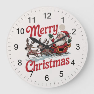 Merry Christmas Santa Sleigh Reindeer              Large Clock