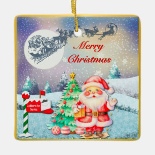 Merry Christmas Santa, Sleigh, Reindeer, Snowflake Ceramic Ornament