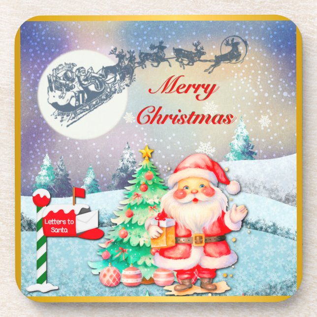 Merry Christmas Santa, Sleigh, Reindeer, Snowflake Coaster (Front)