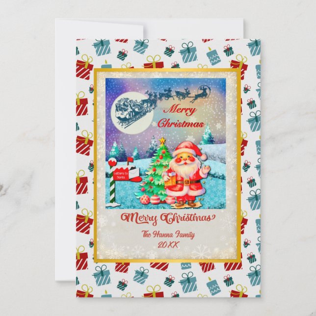 Merry Christmas Santa, Sleigh, Reindeer, Snowflake Holiday Card (Front)