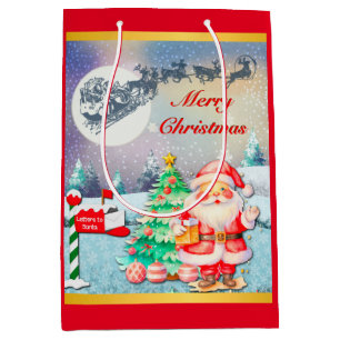 Merry Christmas Santa, Sleigh, Reindeer, Snowflake Medium Gift Bag