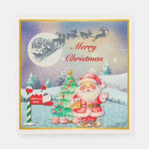 Merry Christmas Santa, Sleigh, Reindeer, Snowflake Napkin