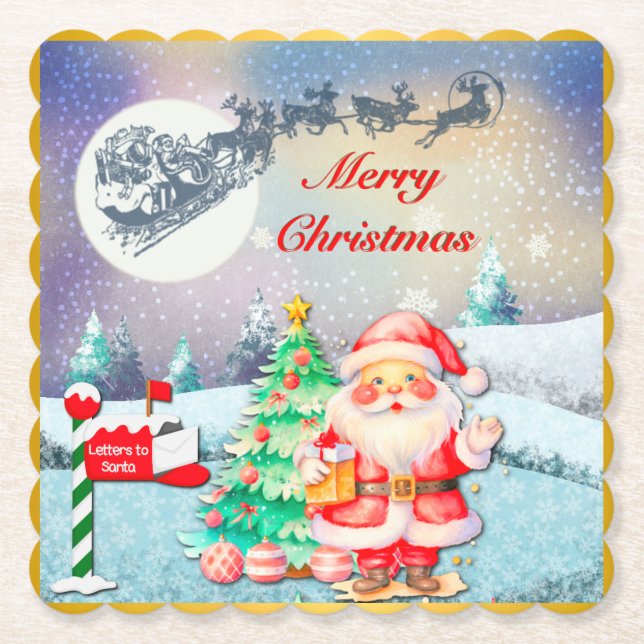 Merry Christmas Santa, Sleigh, Reindeer, Snowflake Paper Coaster (Front)