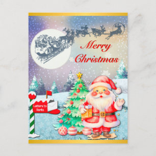 Merry Christmas Santa, Sleigh, Reindeer, Snowflake Postcard