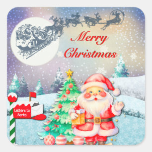Merry Christmas Santa, Sleigh, Reindeer, Snowflake Square Sticker