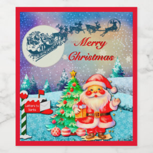 Merry Christmas Santa, Sleigh, Reindeer, Snowflake Wine Label